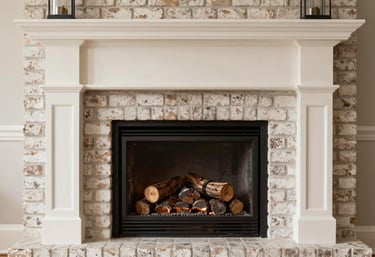 Photography of a beautifully maintained, clean brick fireplace in a modern North American / US home, soft off-white mantel, rich brown logs, warm glow.