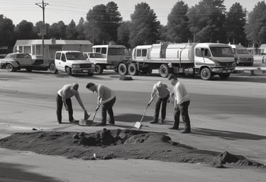Close-up of a worker filling a pothole in a commercial parking lot under bright daylight.