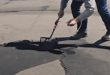 Before and after shots of a driveway with freshly painted lines and repaired cracks.
