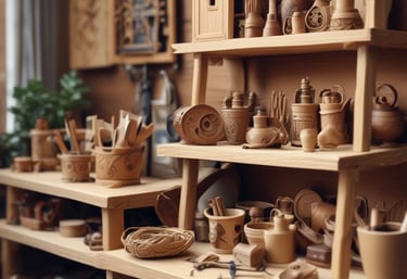 A cozy rustic room with warm earth tones, cushions on the floor, and soft natural light filtering through wooden windows.