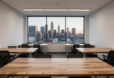 A wide view of a minimalist tech hub workspace with natural wood tables, white walls, and a large window overlooking a North American urban skyline at sunrise.