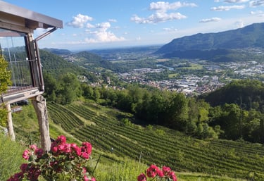 a view of a mountain range with a balcony and a balcony