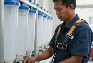 An Indonesian professional technician wearing a safety harness and dark blue uniform standing next to a row of sanitized water filters in a bright environment.