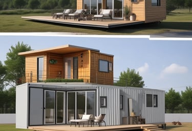 A charming small wooden cabin surrounded by trees in soft sunlight.