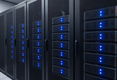 A minimalist, high-quality photograph of a modern server room with glowing blue status lights. The atmosphere is professional, orderly, and technologically advanced.