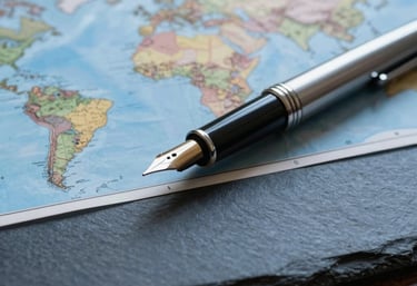 A close-up, sharp-focus photograph of a world map and a silver fountain pen on a desk made of dark slate blue wood. The image is sophisticated and authoritative, suggesting strategic global trade planning in a professional setting.