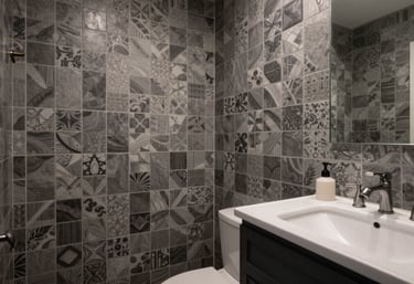 Photography of a completed bathroom renovation featuring sophisticated tile patterns, Charcoal accents, and modern North American fixtures.