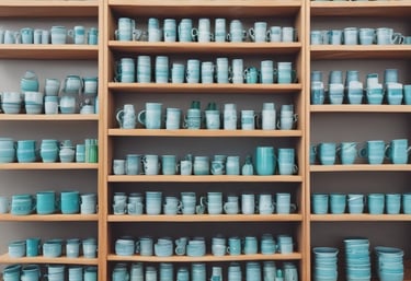 A vibrant display of custom tote bags and branded caps arranged on a sleek table at a trade show.