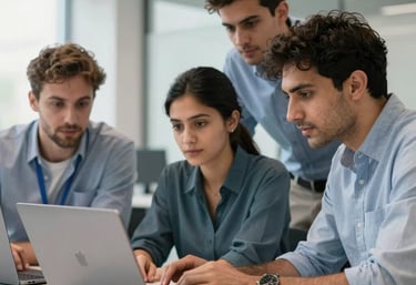 A team of engineers in a bright, contemporary Belgrade office looking at a laptop screen, Eastern European / Balkan, with South Asian / Southeast Asian focus, professional and collaborative atmosphere.