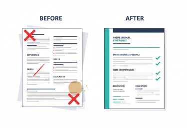 Before and after resume transformation showing ATS-optimized professional resume writing
