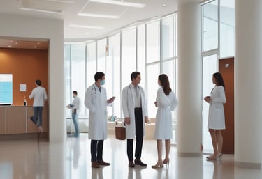 Close-up of hands signing legal documents with fertility clinic equipment in the background.