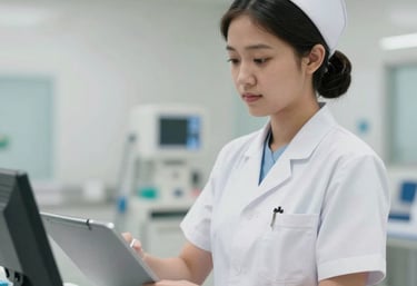 A young Southeast Asian / Indonesian nursing student in a professional white medical uniform working in a clean, modern German healthcare facility, caring and bright professional mood.