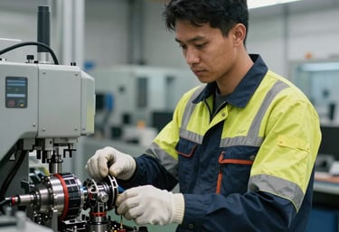 A focused young Southeast Asian / Indonesian mechanical engineer in a modern German industrial workshop environment, wearing safety gear, surrounded by advanced machinery.