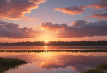 A serene sunrise over a calm lake symbolizing new beginnings and spiritual growth.