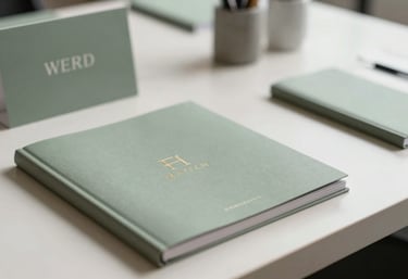 A sophisticated corporate event setup with branding materials visible, shot in a bright space with muted sage accents.