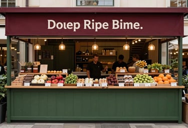 A wide shot of a modern food market stall with high-quality branding in Deep Ripe Crimson and Matte Forest Green tones.