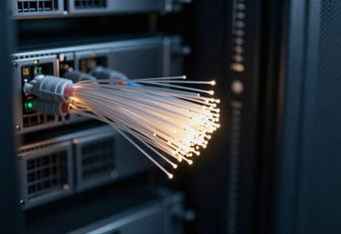 Close-up of glowing fiber optic cables in a dark navy server room, representing fast data backup and recovery.