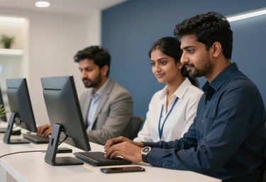 Satisfied customers at a modern tech service desk in a South Asian / Indian storefront, professional attire, slate blue and off-white environment.