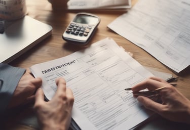Close-up of hands reviewing official documents with a prison facility in the background.