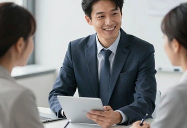 A professional consultant discussing project plans with a client in a cozy office.
