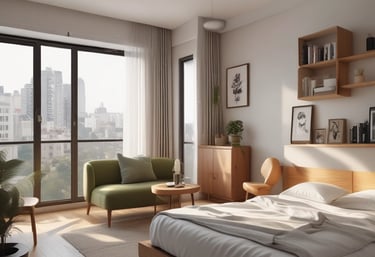 Cozy, modern apartment living room with warm lighting and tasteful decor.