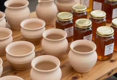 Handcrafted pottery items and jars of local honey displayed on an oak wooden table at a market in North America. The lighting is warm and community-focused.