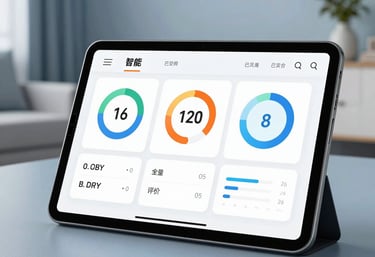 Modern smart home interface on a tablet screen, showing energy consumption metrics, in a clean European interior with soft blue tones.