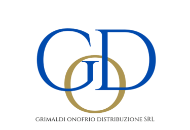 Grimaldi Onofrio Distribuzione SRL logo with blue and gold interlocking letters on a black background.