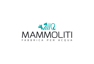 Mammoliti Fabbrica Per Acqua teal lion logo and grey typography on a black background.