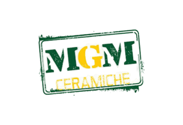 Distressed green and yellow MGM Ceramiche logo for Italian ceramic tile branding.
