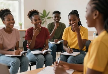 A smiling coach guiding a small group through a team-building exercise outdoors.