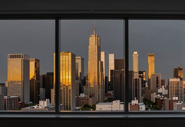 A high-end urban office window view at dusk. The city skyline glows in rich gold against a deep charcoal sky. Minimalist interior framing.