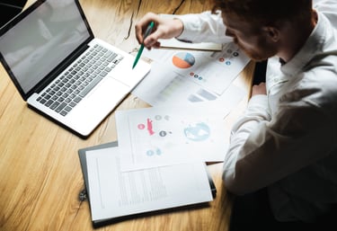 A business professional overviewing reports