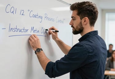 A professional instructor giving a presentation to a group around a conference table with icy blue background.