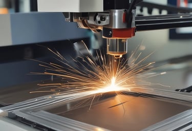 Close-up of a CNC machine cutting a metal piece with sparks flying.