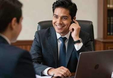 Professional female lawyer consulting with a client in a modern office.