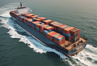 Cargo ship loaded with containers sailing across the ocean.