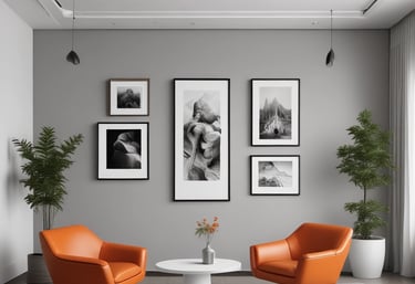 Modern minimalist office lounge with two orange leather armchairs and contemporary art gallery wall.