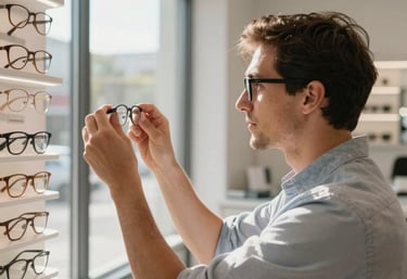 A photograph of an optician assisting a patient with choosing glasses in a bright, modern Indiana retail clinic, natural sunlight streaming through windows.