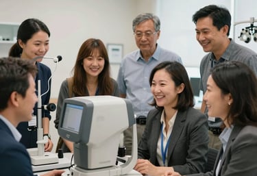A diverse group of North American opticians, male and female, in a modern, brightly lit optometry office in Indiana. They are professionally dressed, smiling, and engaged in a collaborative discussion while looking at digital eye-testing equipment. The composition is dynamic, showing collaboration and advanced technology in the optical field. Soft, natural light illuminates the scene, highlighting their professionalism and commitment to eye care. The setting evokes a sense of community and expertise within the Indiana optical profession.