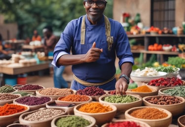 A warm, inviting kitchen scene with chef Meeday preparing fresh spice mixes and snacks.