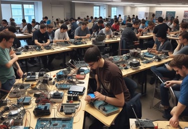 Photo of a neatly organized workspace with various electronic components and DIY kits.