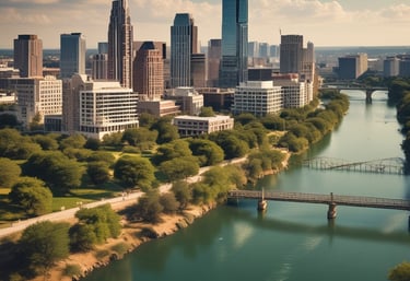 Golden icon of a location pin over a city skyline.