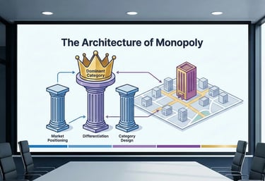 A diagram titled "The Architecture of Monopoly" on a boardroom screen illustrating the relationship 