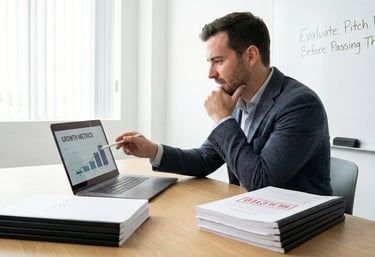 Investor analyzing pitch deck growth metrics before rejection
