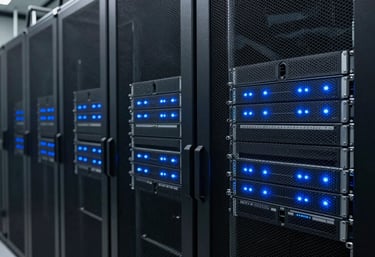 A secure, organized data center with server racks and blue status LEDs, representing high-speed medical data processing and reliable acquisition.