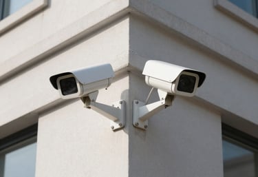 Surveillance bullet camera mounted on a building corner capturing wide area.