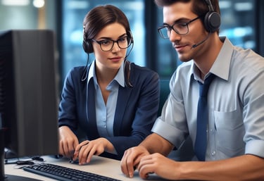 Technician providing remote IT support with multiple screens displaying system diagnostics.