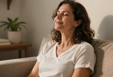 A cozy corner with a Brazilian woman in her 50s seated comfortably on a sofa, taking a deep breath with closed eyes, smiling softly in a peaceful home environment.
