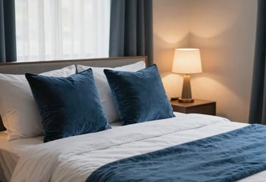 An organized, peaceful bedroom interior with soft white bedding, petrol blue throw pillows, warm bedside lights, and natural daylight coming through clean curtains.